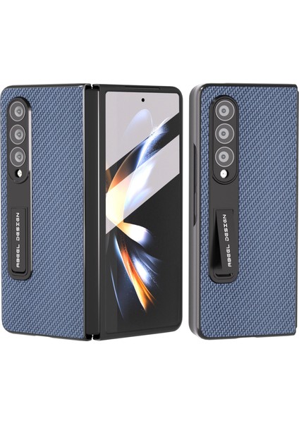 Samsung Galaxy Z Fold4 5g Karbon Fiber Doku Şok Geçirmez Kasa Pu Deri+Pc Kickstand Telefon Kapağı Temperli Cam Film (Yurt Dışından)