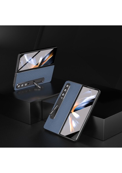 Samsung Galaxy Z Fold4 5g Karbon Fiber Doku Şok Geçirmez Kasa Pu Deri+Pc Kickstand Telefon Kapağı Temperli Cam Film (Yurt Dışından) fiyatları