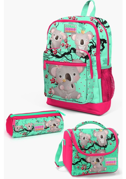 Kids Su Yeşili Neon Mercan Koala Desenli 3’lü Okul Çanta Seti SET0123713