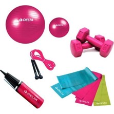 Delta Pilates Seti 55-20 cm Top, Atlama İpi, Dambıl ve Pompa ile 3'lü Bandı İçeren Set