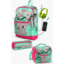 Coral High Kids Su Yeşili Neon Mercan Koala Desenli Usb'li 3’lü Okul Çanta Seti SET0123813