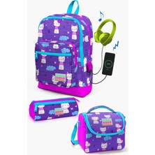 Coral High Kids Mor Pembe Kedi Desenli Usb'li 3’lü Okul Çanta Seti SET0123264