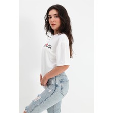 Vapur Tekstil T-Shirt Bisiklet Yaka Bonjour Yazılı - Beyaz