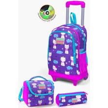 Coral High Çekçekli Okul Çantası Seti Mor Pembe Kedi Desenli 3'lü 17 Litre Kapasite