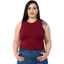Disentis Modest Büyük Beden Bisiklet Yaka Kolsuz Crop Viskon Bordo Body