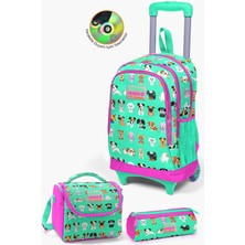Coral High Kids Su Yeşili Neon Pembe Köpek Desenli Çekçekli 3'lü Çanta Seti SET0123362