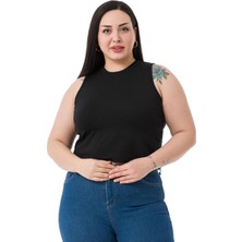 Disentis Modest Kadın Büyük Beden Crop Body Siyah Renk Kolsuz Bisiklet Yaka Viskon