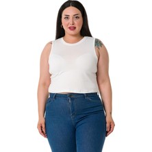 Disentis Modest Büyük Beden Bisiklet Yaka Kolsuz Crop Viskon Ekru Body