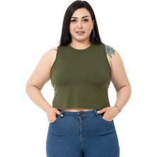 Disentis Modest Büyük Beden Bisiklet Yaka Kolsuz Crop Viskon Haki Body