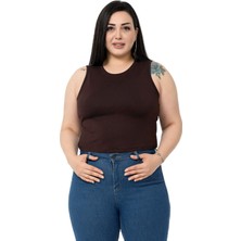 Disentis Modest Büyük Beden Bisiklet Yaka Kolsuz Crop Viskon Kahverengi Body