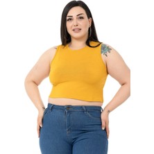 Disentis Modest Büyük Beden Bisiklet Yaka Kolsuz Crop Viskon Hardal Body