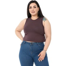 Disentis Modest Büyük Beden Bisiklet Yaka Kolsuz Crop Viskon Koyu Vizon Body