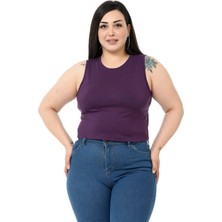 Disentis Modest Büyük Beden Bisiklet Yaka Kolsuz Crop Viskon Mürdüm Body