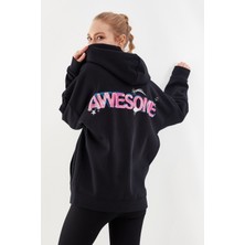 Nalu Awesome Baskılı Kapüşonlu Fermuarlı Sweatshirt Siyah