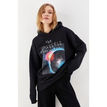 Nalu Galaxy Baskılı Içi Polarlı Kapüşonlu Sweatshirt Siyah