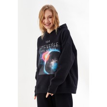 Nalu Galaxy Baskılı Içi Polarlı Kapüşonlu Sweatshirt Siyah