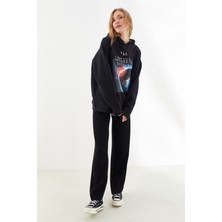 Nalu Galaxy Baskılı Içi Polarlı Kapüşonlu Sweatshirt Siyah