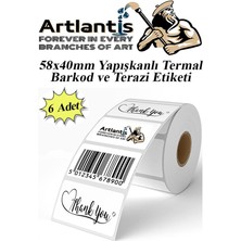 Artlantis 58X40 mm Barkod Etiketi Yapışkanlı 6 Adet Termal Barkot ve Terazi Etiketi 500 Lü Barkod Yazıcılarına Uyumlu