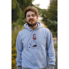 ZY Khan Zykhan Unisex Gri Melanj Kaptan Mağara Adamı Baskılı 3 Iplik Şardonlu Pamuklu Sweatshirt