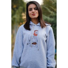 ZY Khan Zykhan Unisex Gri Melanj Kaptan Mağara Adamı Baskılı 3 Iplik Şardonlu Pamuklu Sweatshirt