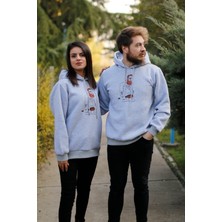 ZY Khan Zykhan Unisex Gri Melanj Kaptan Mağara Adamı Baskılı 3 Iplik Şardonlu Pamuklu Sweatshirt