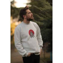 ZY Khan Unisex Kar Melanj Bisiklet Yaka Samurai Baskılı 3 Iplik Şardonlu Pamuklu Sweatshirt