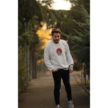 ZY Khan Unisex Kar Melanj Bisiklet Yaka Samurai Baskılı 3 Iplik Şardonlu Pamuklu Sweatshirt