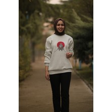 ZY Khan Unisex Kar Melanj Bisiklet Yaka Samurai Baskılı 3 Iplik Şardonlu Pamuklu Sweatshirt