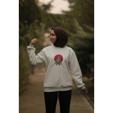 ZY Khan Unisex Kar Melanj Bisiklet Yaka Samurai Baskılı 3 Iplik Şardonlu Pamuklu Sweatshirt