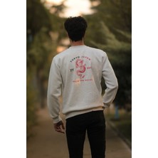 ZY Khan Unisex Kar Melanj Bisiklet Yaka Dragon Baskılı 3 Iplik Şardonlu Pamuklu Sweatshirt