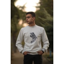 ZY Khan Unisex Kar Melanj Bisiklet Yaka Astronot Baskılı 3 Iplik Şardonlu Pamuklu Sweatshirt