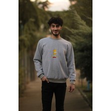 ZY Khan Unisex Gri Melanj Simpsons Baskılı Bisiklet Yaka  3 Iplik Şardonlu Pamuklu Sweatshirt