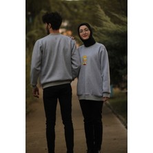 ZY Khan Unisex Gri Melanj Simpsons Baskılı Bisiklet Yaka  3 Iplik Şardonlu Pamuklu Sweatshirt