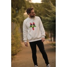 ZY Khan Unisex Ekru Bisiklet Yaka Aku Baskılı 3 Iplik Şardonlu Pamuklu Sweatshirt