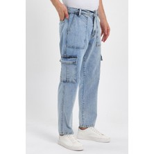 Damga Beli Kemerli Rahat Kalıp Denim Taş Yıkamalı Kot Kargo Cep Pantolon Buz Mavi