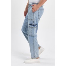 Damga Beli Kemerli Rahat Kalıp Denim Taş Yıkamalı Kot Kargo Cep Pantolon Buz Mavi