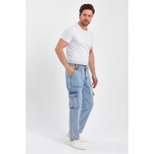 Damga Beli Kemerli Rahat Kalıp Denim Taş Yıkamalı Kot Kargo Cep Pantolon Buz Mavi
