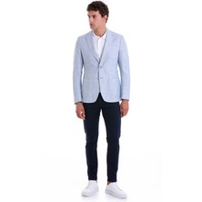 Saykı B. Mavi Slim Fit Düz Mono Yaka Casual Keten Ceket