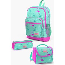 Coral High Kids Su Yeşili Neon Pembe Flamingo Desenli 3’lü Okul Çanta Seti SET0123111