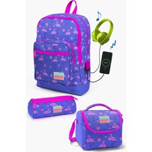 Coral High Kids Lavanta Pembe Flamingo Desenli Usb'li 3’lü Okul Çanta Seti SET0123276