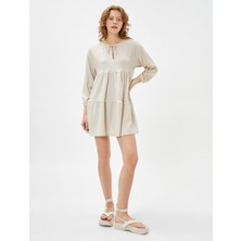 Koton Uzun Kollu Elbise Mini Volanlı Pencere Bağlama Detaylı Dokulu