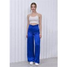 Nuseel Kadın Yüksek Bel Saten Palazzo Pantolon Saks