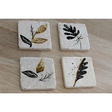 Tablosan Altın Desenli Yapraklı Doğal Taş Bardak Altlığı 4'lü Set - Natural Stone Coasters