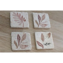 Tablosan Pembe Desenli Yapraklar Doğal Taş Bardak Altlığı 4'lü Set - Natural Stone Coasters