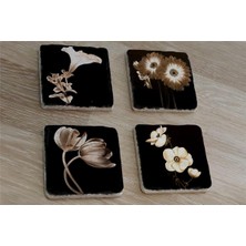 Tablosan Siyah Zemin Lale Gerbera ve Çiçekler Doğal Taş Bardak Altlığı 4'lü Set - Natural Stone Coasters
