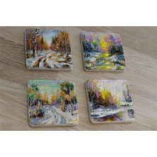 Tablosan Karlı Kış Manzarası Doğal Taş Bardak Altlığı 4'lü Set - Natural Stone Coasters