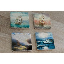 Tablosan Ivan Aivazovsky Deniz ve Yelkenliler Doğal Taş Bardak Altlığı 4'lü Set - Natural Stone Coasters
