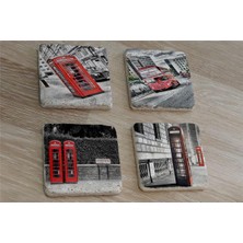 Tablosan Londra Kırmızı Telefon Kulübeleri ve Otobüs Doğal Taş Bardak Altlığı 4'lü Set - Natural Stone Coasters
