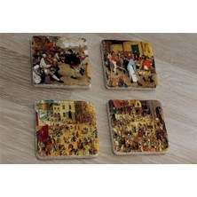 Tablosan Pieter Brueghel Çocuk Oyunları ve Eserleri  Doğal Taş Bardak Altlığı 4'lü Set - Natural Stone Coasters