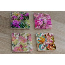 Tablosan Kelebekli Çiçekler Doğal Taş Bardak Altlığı 4'lü Set - Natural Stone Coasters